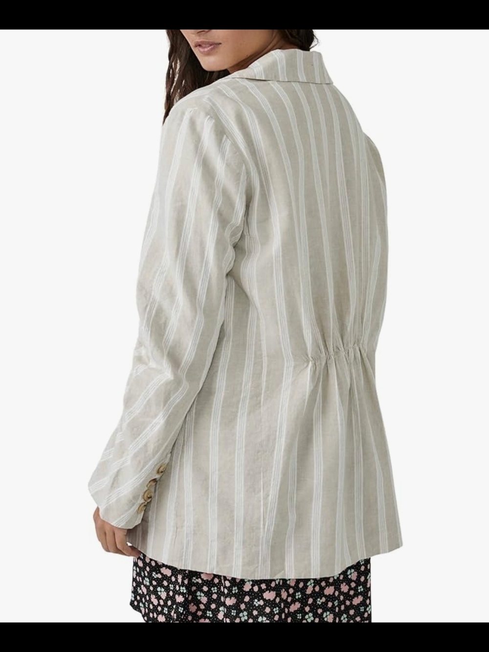 Free People Fern Striped Blazer Neutral Linen Look Ruched Sleeve S - Picture 7 of 11